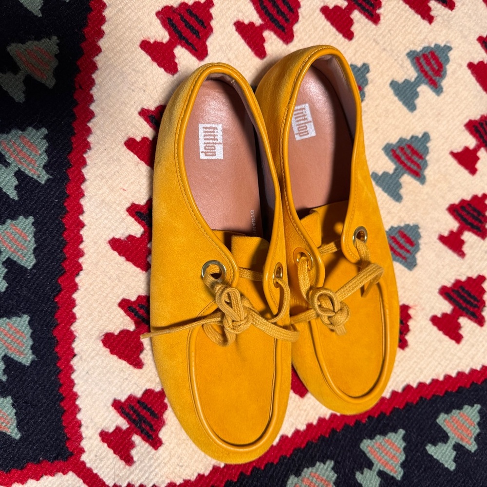 Fitflop Delfine Suede Derbys Loafer Shoes Lace Up Sunshine Yellow